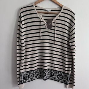 J Jill Sweater Boho Beige Navy Blue Stripe Tie Neck Cotton Blend Size S